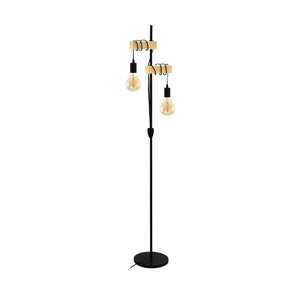 EGLO - 43516 - EGLO Townshend 5 Black Metal & Natural Wood 2-Light Floor Lamp - Industrial Style (D) 25cm TOWNSHEND part number - 43516