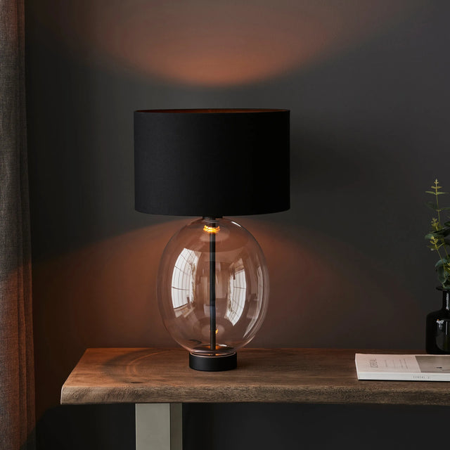 Endon Lighting - 100446 - Endon Lighting 100446 Kelda Oval 1lt Table Indoor light fitting Clear glass & matt black paint with black cotton fabric