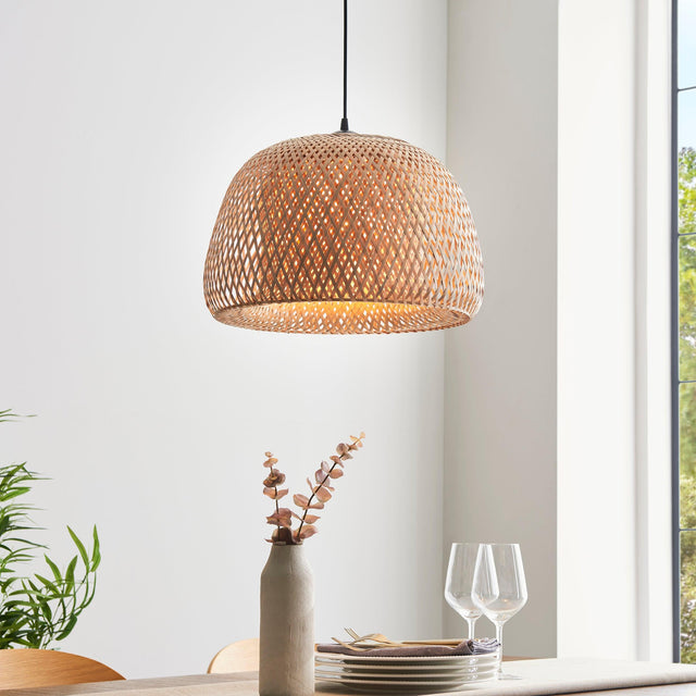 Endon Lighting - 101574 - Endon Lighting 101574 Bali Indoor Pendant Light Natural bamboo, white PC & matt black Dimmable