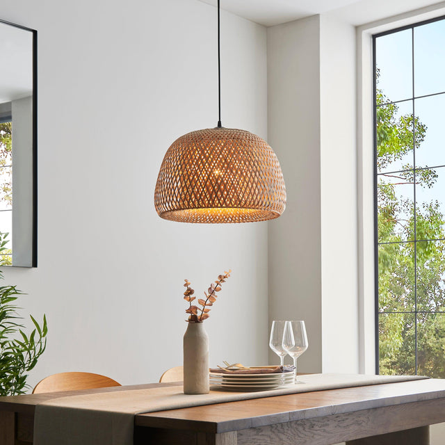 Endon Lighting - 101574 - Endon Lighting 101574 Bali Indoor Pendant Light Natural bamboo, white PC & matt black Dimmable