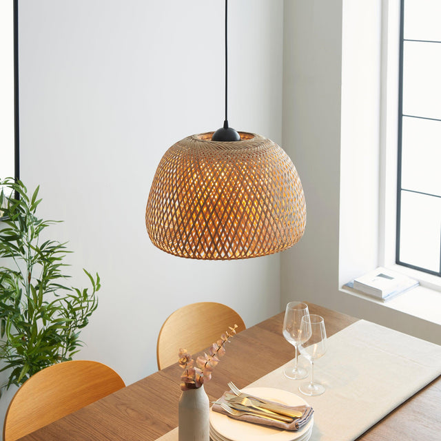 Endon Lighting - 101574 - Endon Lighting 101574 Bali Indoor Pendant Light Natural bamboo, white PC & matt black Dimmable