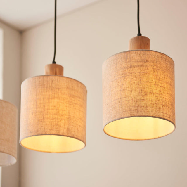 Endon Lighting - 101681 - Endon Lighting 101681 Durban Indoor Pendant Light Natural eucalyptus wood, natural linen & matt black Dimmable