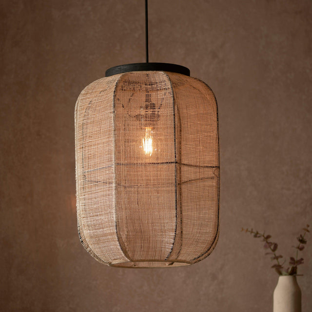 Endon Lighting - 101689 - Endon Lighting 101689 Zaire Indoor Pendant Light Natural linen, dark plywood & matt black Dimmable