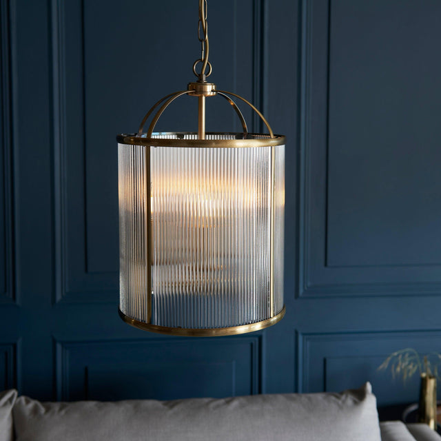 Endon Lighting - 106711 - Endon Lighting 106711 Lambeth Ribbed Indoor Pendant Light Antique brass plate & clear ribbed glass Dimmable