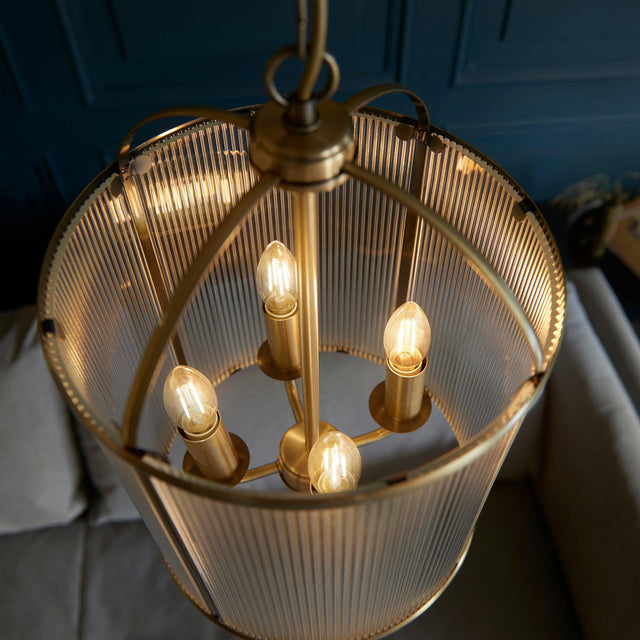 Endon Lighting - 106711 - Endon Lighting 106711 Lambeth Ribbed Indoor Pendant Light Antique brass plate & clear ribbed glass Dimmable