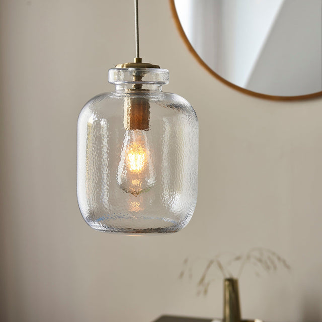 Endon Lighting - 106923 - Endon Lighting 106923 Lyra Indoor Pendant Light Clear textured glass & antique brass plate Dimmable