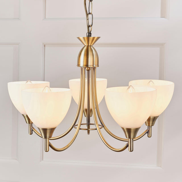 Endon Lighting - 1805-5AN - Endon Lighting 1805-5AN Alton Indoor Pendant Light Antique brass plate & opal glass Dimmable