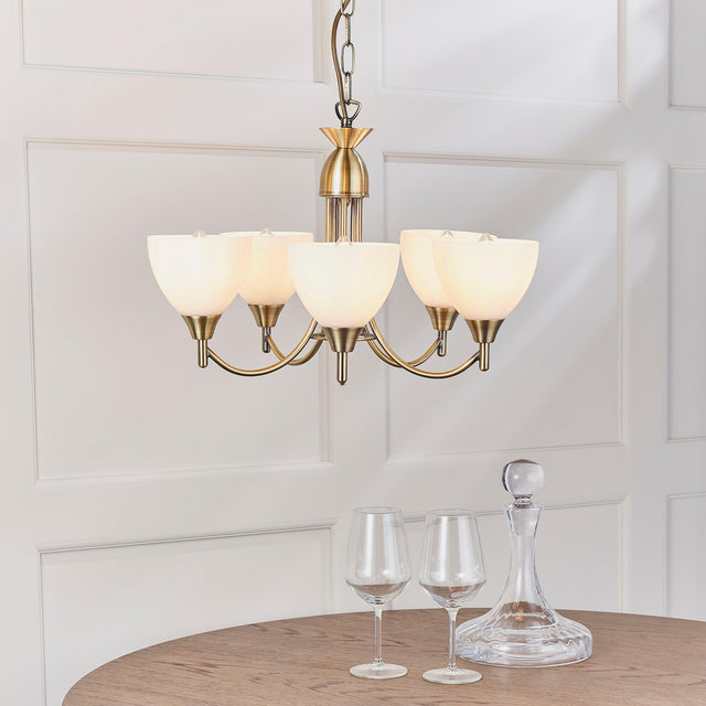 Endon Lighting - 1805-5AN - Endon Lighting 1805-5AN Alton Indoor Pendant Light Antique brass plate & opal glass Dimmable