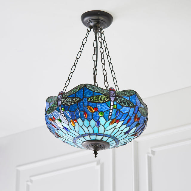 Endon Lighting - 64075 - Endon Tiffany Lighting 64075 Indoor Pendant Light Dragonfly blue Range 3 x 60W E27 GLS Dimmable