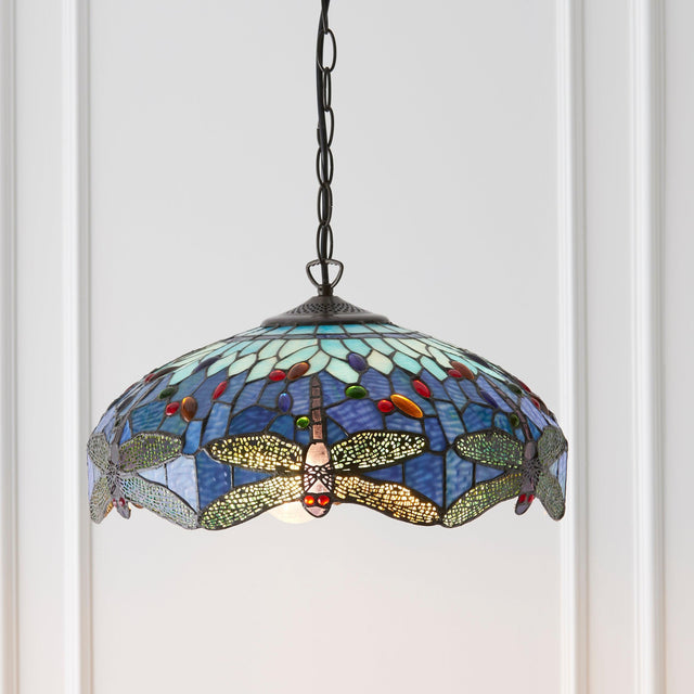 Endon Lighting - 64080 - Endon Tiffany Lighting 64080 Indoor Pendant Light Dragonfly blue Range 3 x 60W E27 GLS Dimmable