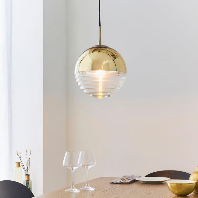 Endon Lighting - 68958 - Endon Lighting 68958 Paloma Indoor Pendant Light Gold effect plate & clear ribbed glass Dimmable