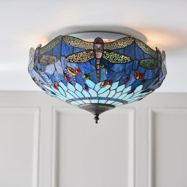 Endon Lighting - 70722 - Endon Tiffany Lighting 70722 Indoor Flush Light Dragonfly blue Range 2 x 60W E27 GLS Dimmable