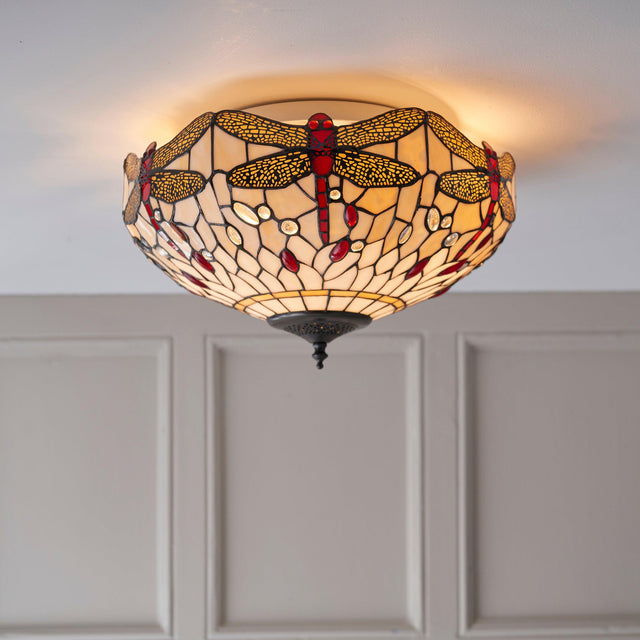 Endon Lighting - 70723 - Endon Tiffany Lighting 70723 Indoor Flush Light Dragonfly beige Range 2 x 60W E27 GLS Dimmable