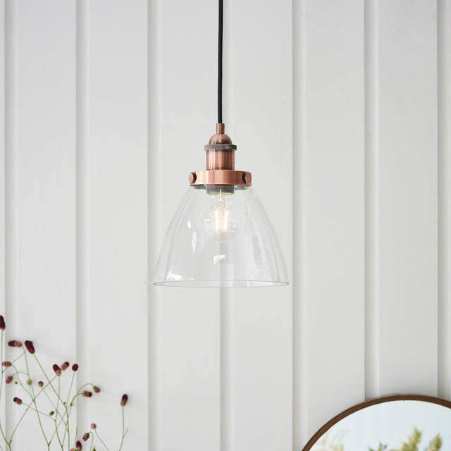 Endon Lighting - 76332 - Endon Lighting 76332 Hansen Indoor Pendant Light Aged copper plate & clear glass Dimmable