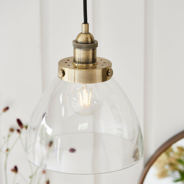 Endon Lighting - 77272 - Endon Lighting 77272 Hansen Indoor Pendant Light Antique brass plate & clear glass Dimmable