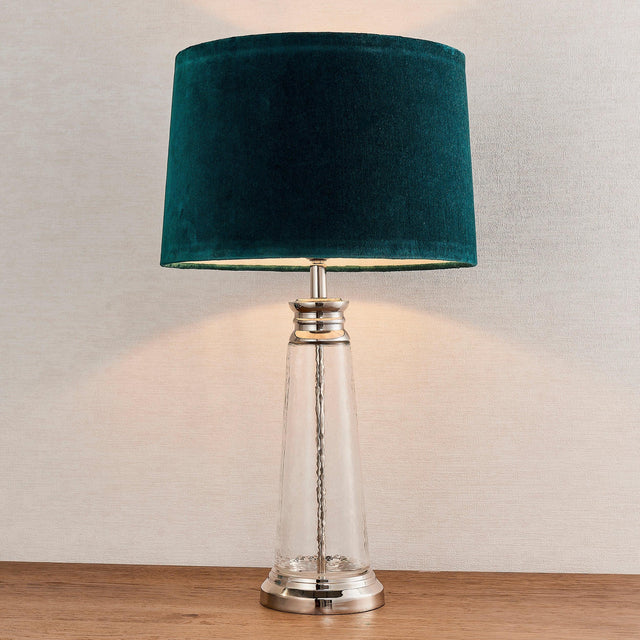 Endon Lighting - 90545 - Endon Lighting 90545 Winslet Indoor Table Lamps Clear hammered glass & bright nickel plate with teal velvet Non-dimmable