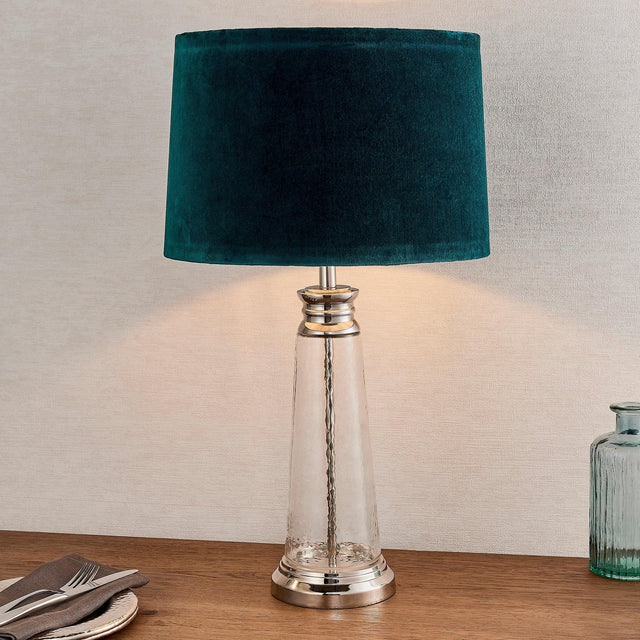 Endon Lighting - 90545 - Endon Lighting 90545 Winslet Indoor Table Lamps Clear hammered glass & bright nickel plate with teal velvet Non-dimmable