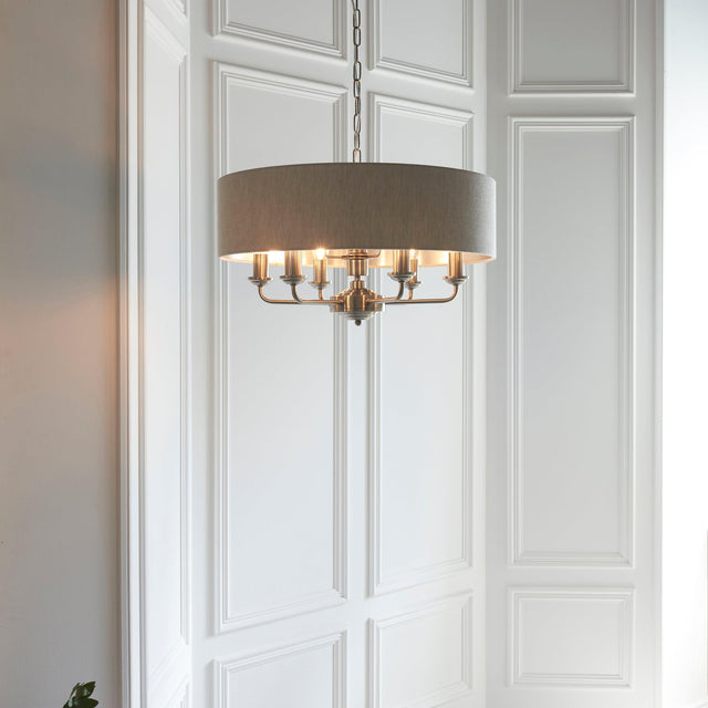 Endon Lighting - 94357 - Endon Lighting 94357 Highclere Indoor Pendant Light Brushed chrome plate & natural linen Dimmable