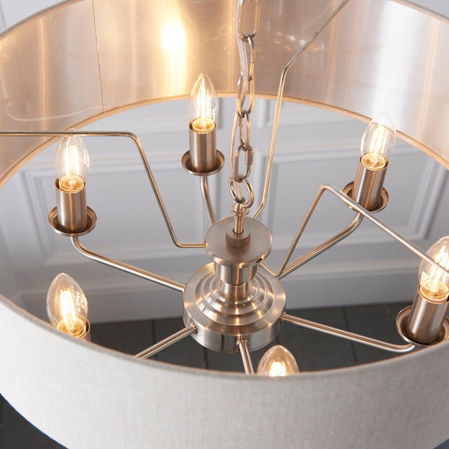 Endon Lighting - 94357 - Endon Lighting 94357 Highclere Indoor Pendant Light Brushed chrome plate & natural linen Dimmable