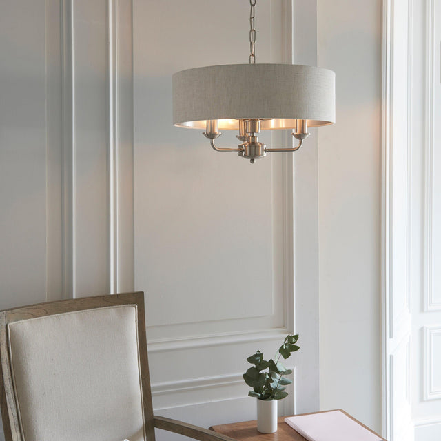 Endon Lighting - 94361 - Endon Lighting 94361 Highclere Indoor Pendant Light Brushed chrome plate & natural linen Dimmable