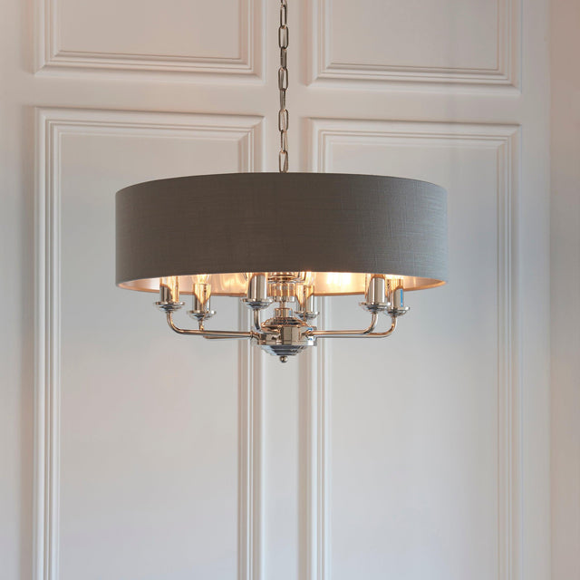 Endon Lighting - 94415 - Endon Lighting 94415 Highclere Indoor Pendant Light Bright nickel plate & charcoal fabric Dimmable