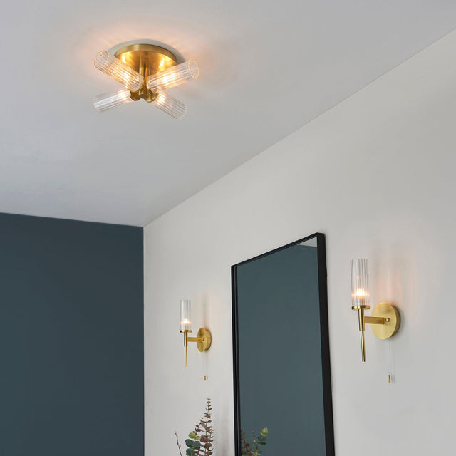 Endon Lighting - 96160 - Endon Lighting 96160 Talo Bathroom Semi flush Light Satin brass plate & clear ribbed glass Dimmable