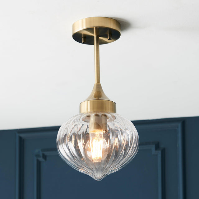 Endon Lighting - 97684 - Endon Lighting 97684 Addington Indoor Semi flush Light Antique brass plate & clear ribbed glass Dimmable