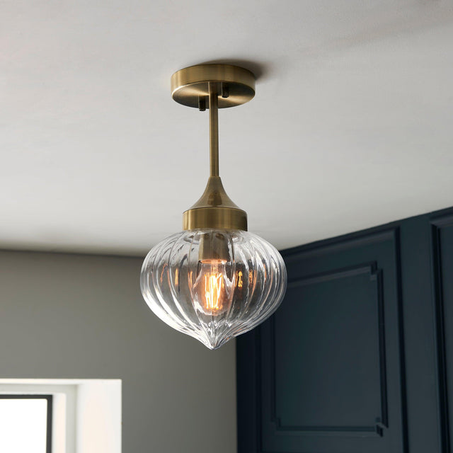 Endon Lighting - 97684 - Endon Lighting 97684 Addington Indoor Semi flush Light Antique brass plate & clear ribbed glass Dimmable