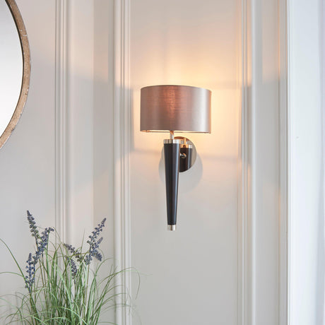 Endon Lighting - CORVINA-1WB - Endon Lighting CORVINA-1WB Corvina Indoor Wall Light Dark wood, bright nickel plate & mink fabric Dimmable