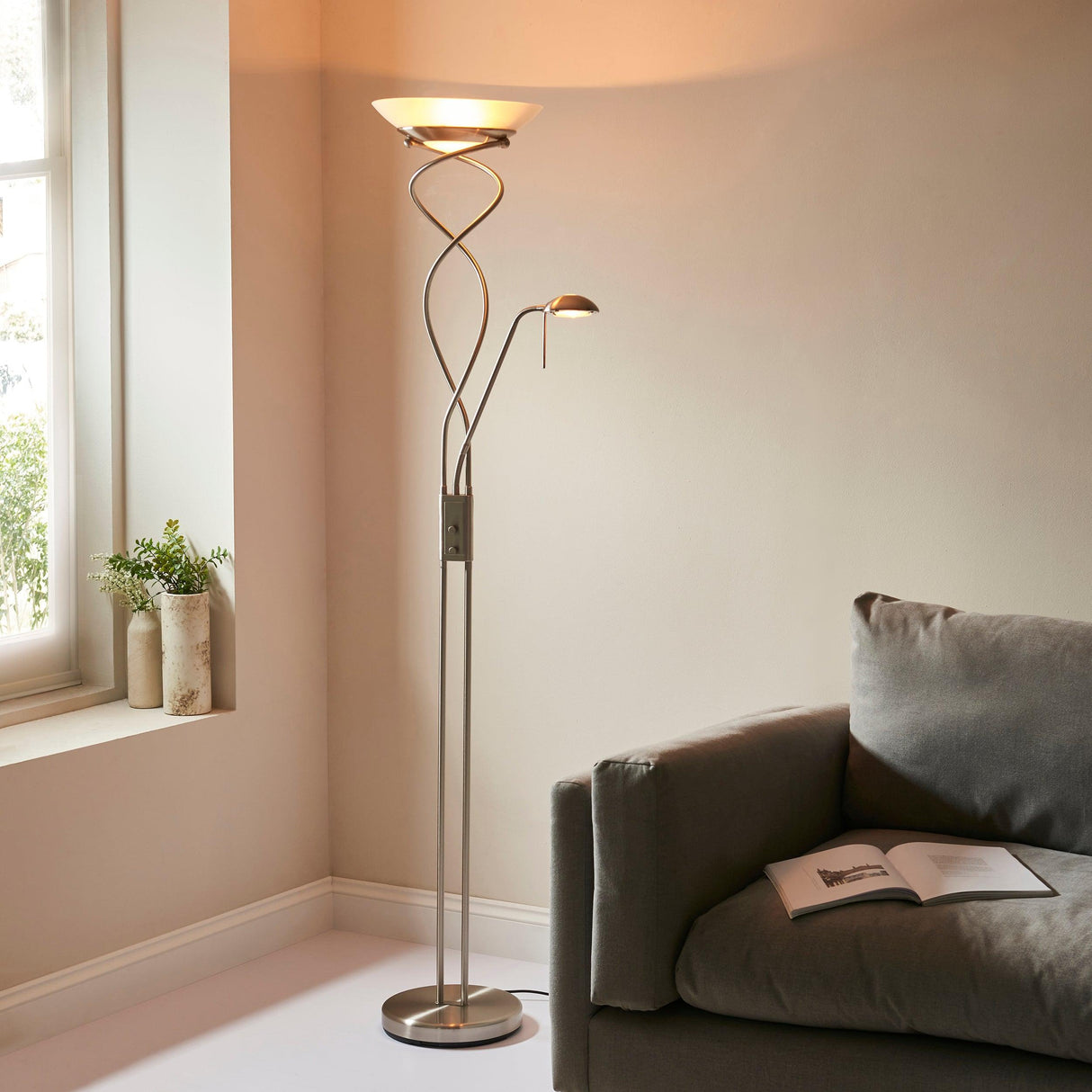 Endon Lighting - MONACO-SC - Endon Lighting MONACO-SC Monaco Indoor Floor Lamps Satin chrome plate & frosted glass Dimmer included