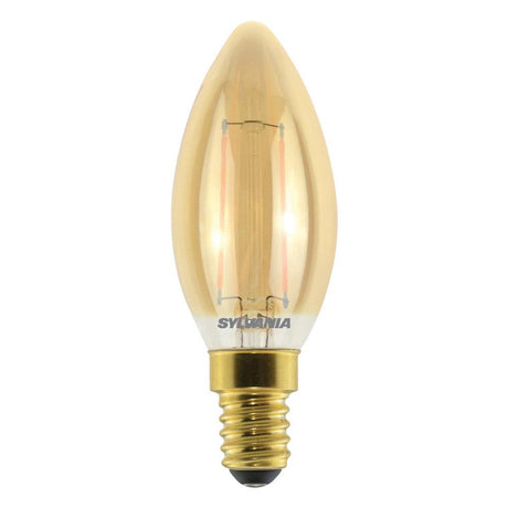 Sylvania - FL-CP-LCND2.5SESGVWW SLI - Sylvania LED Filament Part Number 0029488 Sylvania Retro LED Candle 2.5W (23W eq.) E14 Gold Extra Warm White