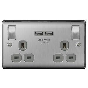 BG - FL-CP-NBS22U3G BGE - BG BG BG Brushed Steel 2 Gang Double Pole Switched 13A Socket - USB Grey Insert