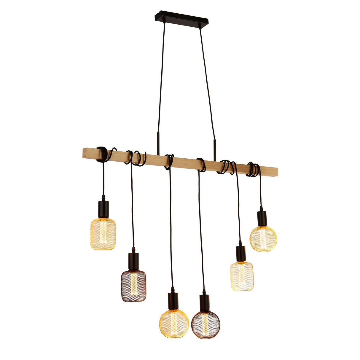 Searchlight - 95041-6BR - Searchlight Woody 6Lt Bar Pendant - Natural Wood & Black Metal Search Light Part Number 95041-6BR